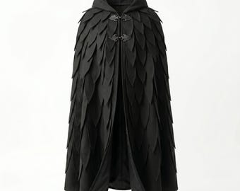 Cape à capuche et panneaux en feuilles, cape gothique fantastique, manteau médiéval sombre, costume de GN