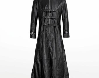 Gabardina larga gótica de piel de cordero negra con correas de hebilla – Chaqueta larga para hombre
