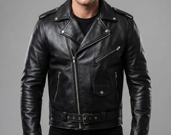 Blouson motard en cuir de mouton véritable fait main - Manteau moto homme noir marron foncé coupe slim