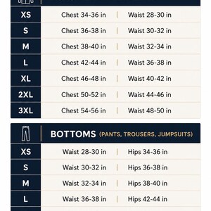 Peut inclure: Un tableau des tailles US pour v&ecirc;tements avec deux sections. La section sup&eacute;rieure liste les mesures de poitrine et de taille en pouces pour les hauts, gilets, vestes et chemises du XS au 3XL. La section inf&eacute;rieure liste les mesures de taille et de hanches en pouces pour les bas, pantalons et combinaisons du XS au 3XL.