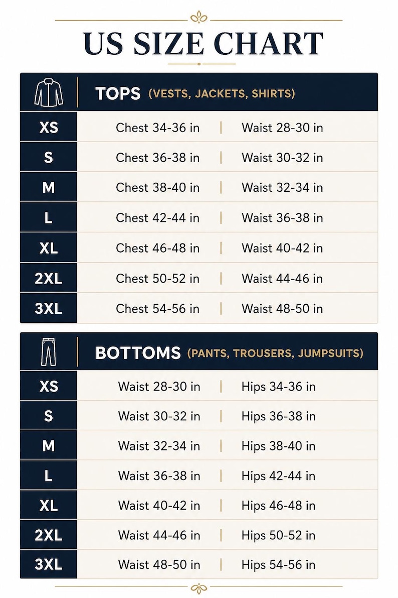 Peut inclure: Un tableau des tailles US pour v&ecirc;tements avec deux sections. La section sup&eacute;rieure liste les mesures de poitrine et de taille en pouces pour les hauts, gilets, vestes et chemises du XS au 3XL. La section inf&eacute;rieure liste les mesures de taille et de hanches en pouces pour les bas, pantalons et combinaisons du XS au 3XL.