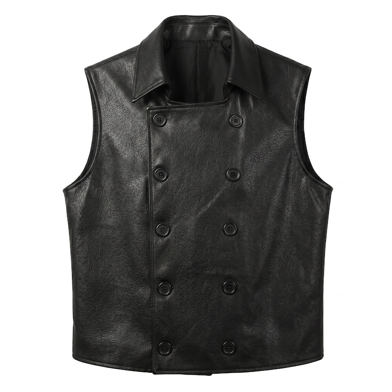 Peut inclure: Un gilet sans manches noir dot&eacute; d'une fermeture crois&eacute;e sur le devant avec huit boutons noirs assortis. Le v&ecirc;tement pr&eacute;sente un col pointu, une finition textur&eacute;e et un ourlet droit, offrant une allure structur&eacute;e sans manches.