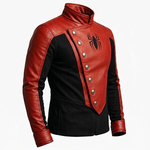 May include: Red and black leather jacket with a high collar and a diagonal button closure. The jacket features a black spider emblem on the chest and silver buttons. The sleeves are black with red leather accents.