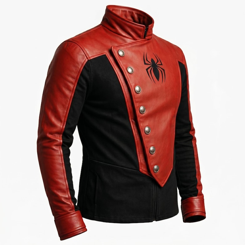 May include: Red and black leather jacket with a high collar and a diagonal button closure. The jacket features a black spider emblem on the chest and silver buttons. The sleeves are black with red leather accents.