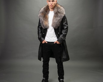 Trench-coat en cuir d'agneau véritable pour hommes avec col amovible en fausse fourrure - Pardessus d'hiver long