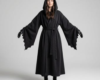 Déguisement robe gothique noire à capuche femme, cape d'Halloween en molleton de coton, tenue robe sorcier noir