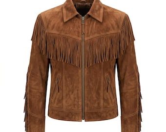 Veste de cow-boy western en cuir suédé marron à franges pour homme