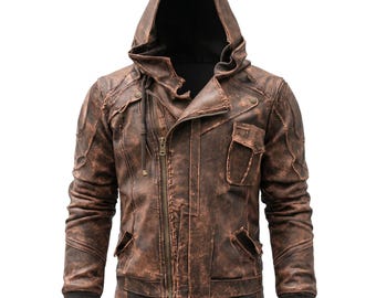 Blouson en cuir de vachette marron effet vieilli | Veste motard vintage à capuche pour homme