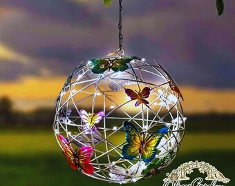 Solar Hanging Garden Light Crystal Ball Outdoor Butterfly Lantern Patio Yard Decor LED Globe Light