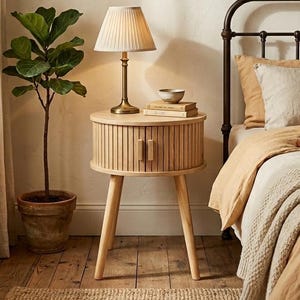 Japandi Nachtkastje Rond met Latjesdeur – Minimalistisch hout Nachtkastje – Scandinavische Bijzettafel – Slaapkamer & Kinderkamer –50cm hoog