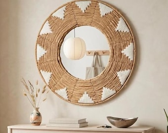 Boho Spiegel Rund 45cm | Japandi Wanddeko Geflochten | Makramee Spiegel Baumwolle & Rattan Optik | Skandi Kinderzimmer Deko