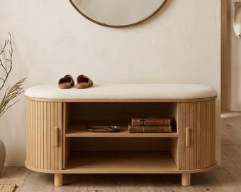 Japandi Entryway | Storage Bench with Slatted Sliding Doors | Wooden Shoe Rack with Cushion Seat | Minimalist Bedroom Furniture | 90cm