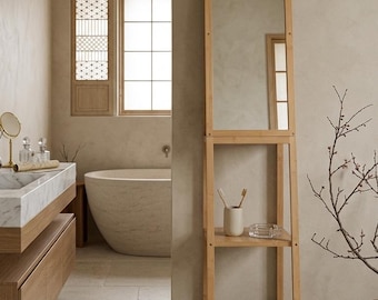 Bamboo Bathroom Storage Cabinet with Mirror & Shelves | Tall Narrow Freestanding Tower | Japandi Sustainable Furniture | (30x38x150cm)
