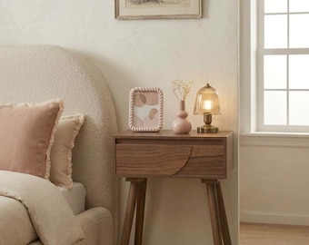 Japandi Nachtkastje Hout, Stijlvol Houten Nachttafeltje met Lade, Mid Century Bijzettafel, Minimalistisch Houten Kastje Slaapkamer