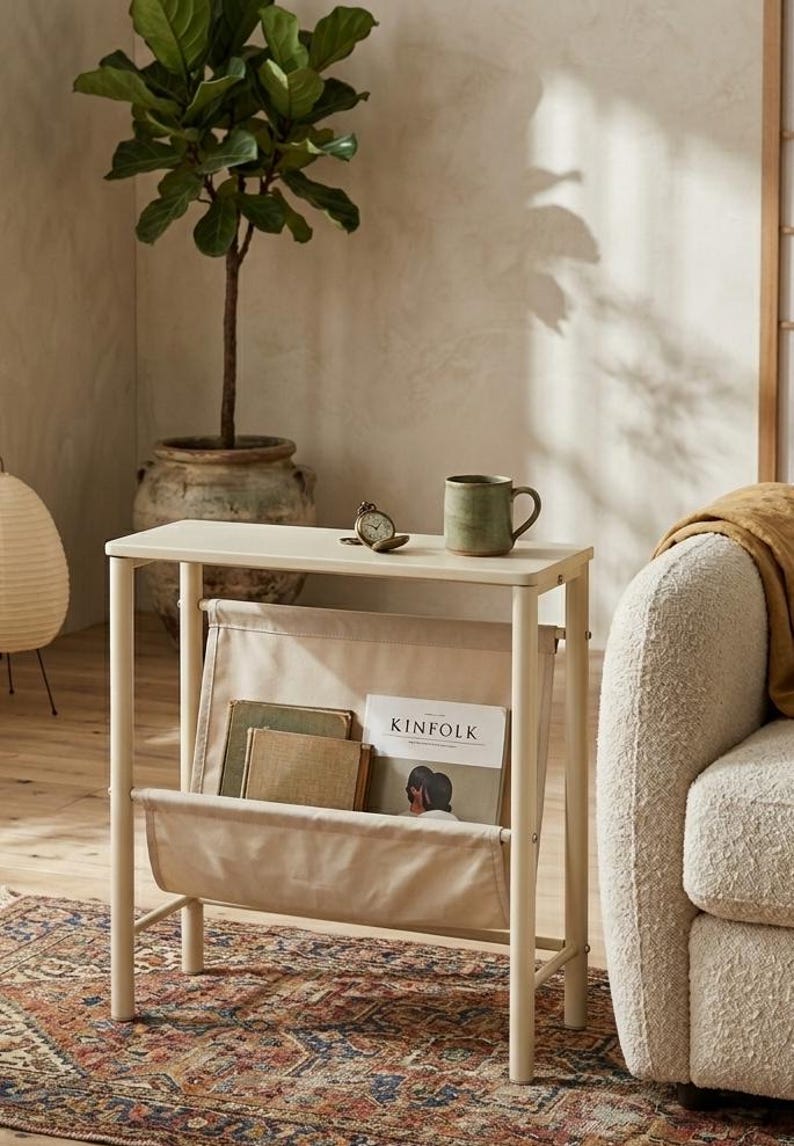 Op de afbeelding: Een crèmekleurige bijzettafel met een ingebouwde tijdschriftenrek. De tafel heeft een groene mok, een kleine klok en een exemplaar van het tijdschrift "Kinfolk". Een plantenpot en een patroonkleed staan op de achtergrond.