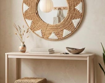 Espejo Redondo Boho 45 cm | Decoración de Pared Japandi | Espejo Macramé con Efecto Ratán | Decoración Habitación Bebé Nórdica