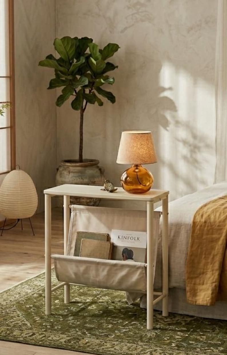 May include: A small, cream-colored side table with a built-in magazine rack. A round, amber-colored lamp sits on top, next to a small decorative bird. A potted plant and a green rug are in the background. The magazine rack holds books and a copy of "Kinfolk".