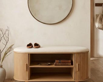 Japandi Entryway | Storage Bench with Slatted Sliding Doors | Wooden Shoe Rack with Cushion Seat | Minimalist Bedroom Furniture | 90cm