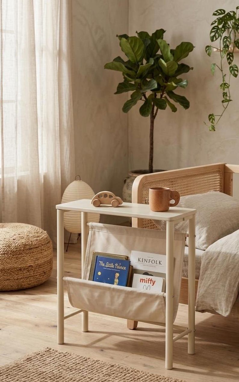 May include: A small, off-white side table with a canvas magazine rack. A wooden toy car and a brown mug sit on top. Books include "The Little Prince" and "Kinfolk". The scene is in a neutral-toned bedroom with a plant.