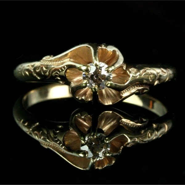 Victorian 10k Rose Gold Diamond Engagement Ring / Floral Solitaire