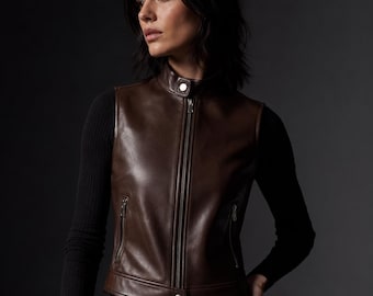 Women’s Dark Brown Leather Moto Vest – Handmade Slim Fit Zip Front Biker Vest by SuedeIt