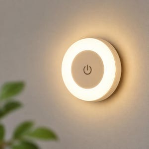 May include: A circular wall-mounted light fixture with a matte beige center featuring a dark gray power symbol. The outer ring emits a warm, soft glow, illuminating the surrounding area with a gentle light while the device remains attached to the wall.