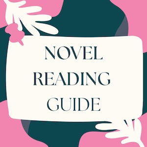 Puede incluir: Un letrero rectangular de color blanco hueso con el texto en verde azulado oscuro NOVEL READING GUIDE centrado. El fondo presenta formas abstractas en tonos verde azulado y rosa brillante, con siluetas de hojas blancas y una chincheta rosa.