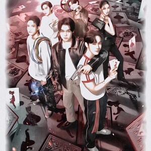 May include: An artistic illustration featuring a group of people posing on a surface covered with playing cards. The people are dressed in various outfits, including a leather jacket, track pants, and a white shirt with red accents. Some hold playing cards and a toy gun.