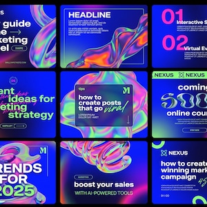 May include: Nine digital marketing graphics on a blue gradient background. Each graphic features text and abstract, iridescent shapes. Topics include marketing funnels, interactive stories, and online courses.