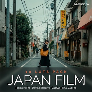 May include: A digital product advertisement featuring a street scene in Japan with a person in a black coat carrying a tan tote bag. Text reads: FYD STUDIO CO, 10 LUTS PACK, JAPAN FILM, Premiere Pro, DaVinci Resolve, CapCut, Final Cut Pro.