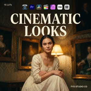 Peut inclure: Un produit numérique pour 15 LUTs avec le texte CINEMATIC LOOKS et diverses icônes de logiciels. L'image montre une personne en robe crème assise dans une pièce avec des portraits encadrés au mur et une lampe allumée.