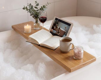 Luxury Beechwood Bath Caddy Tray with Book & Wine Holder, Wooden Bathtub Tray, Spa Bath Shelf, Bathtub Organizer, Relaxation Gift