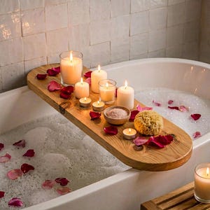 May include: A wooden bath tray holds lit candles of varying sizes, a small bowl of pink bath salts, and a natural sponge. Red rose petals are scattered around the tray and in the bubbly water of the bathtub.