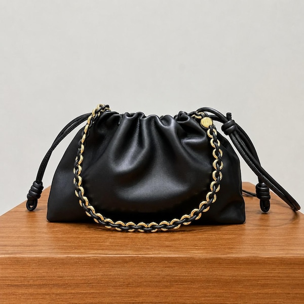 Soft Cow Split Leather Shoulder Bag: Minimal Drawstring Design, Small or Medium