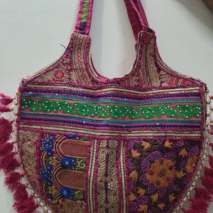 Handmade Jaipur Embroidered Boho Tote Bags – Indian Mirror Work Hobo Bag dark pink 4 image