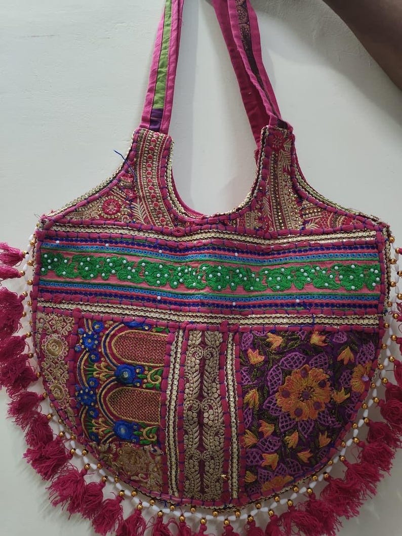 Handmade Jaipur Embroidered Boho Tote Bags – Indian Mirror Work Hobo Bag dark pink 4 image