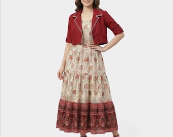 Boho Skirt and Crop Top Set, Indian Block Print Cotton Two-Piece Dress