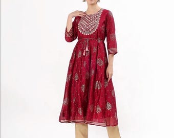 Crimson Red Embroidered Kurta, Flared Tunic, Boho V-Neck Maxi Dress, Festive Wear