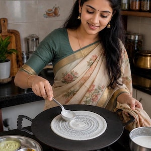 May include: A black cast iron flat griddle pan on a stovetop with a thin layer of white batter being spread in a circular motion by a metal ladle. The batter forms a thin, round crepe-like shape on the hot surface of the cooking pan.