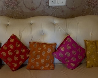 Set of 5 Indian Silk Cushion Covers | Gold Paisley Throw Pillow Royal Rajasthani Decor