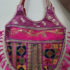 Handmade Jaipur Embroidered Boho Tote Bags – Indian Mirror Work Hobo Bag pink bag 2 image