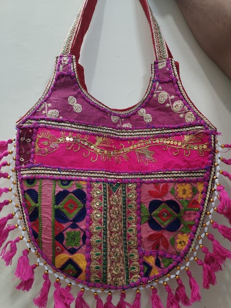 Handmade Jaipur Embroidered Boho Tote Bags – Indian Mirror Work Hobo Bag pink bag 2 image