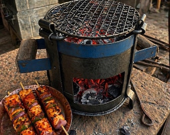 Hand Forged Wrought Iron Charcoal Stove | Portable BBQ Grill, Rustic Coal Burner