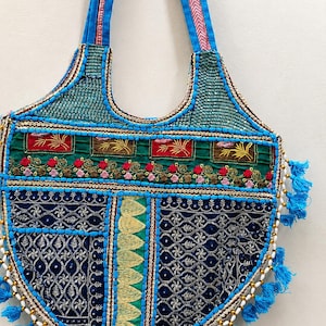 Handmade Jaipur Embroidered Boho Tote Bags – Indian Mirror Work Hobo Bag Skyblue bag 3 image