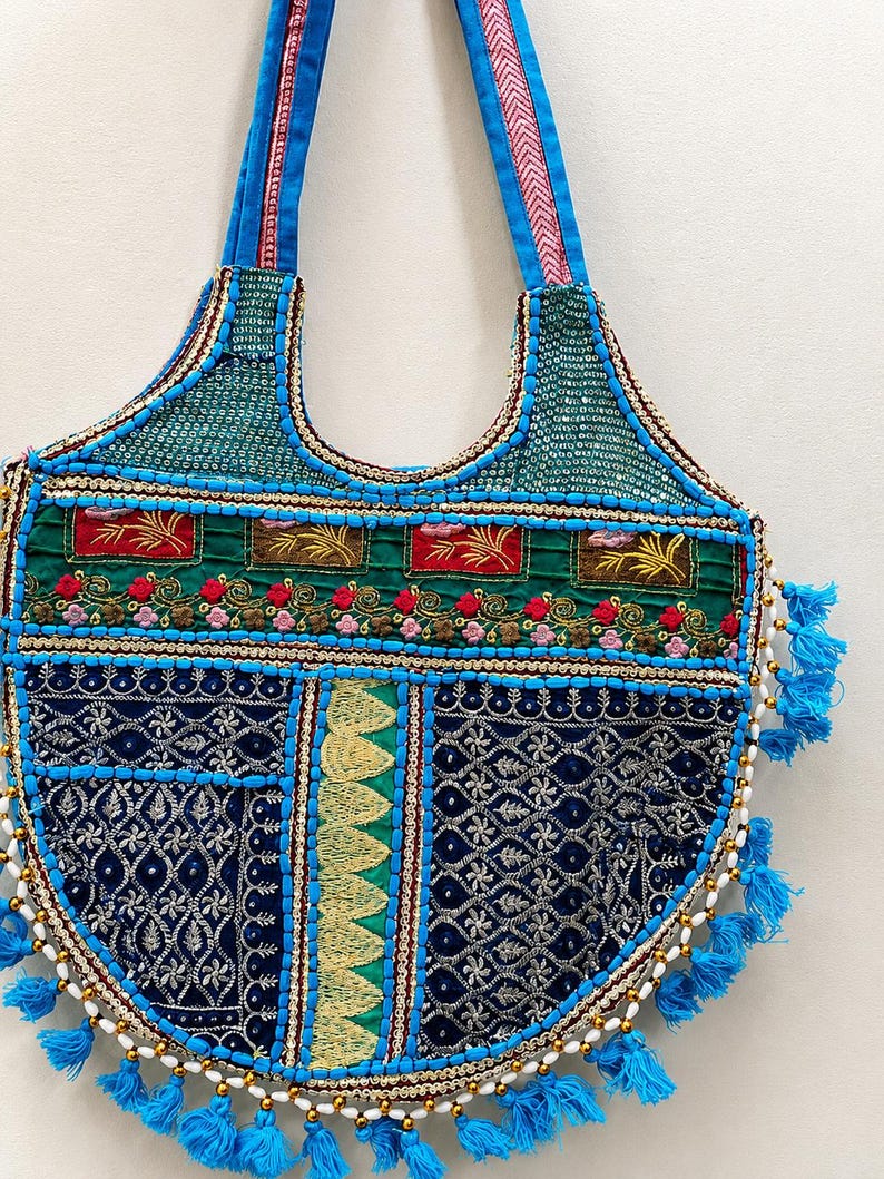 Handmade Jaipur Embroidered Boho Tote Bags – Indian Mirror Work Hobo Bag Skyblue bag 3 image