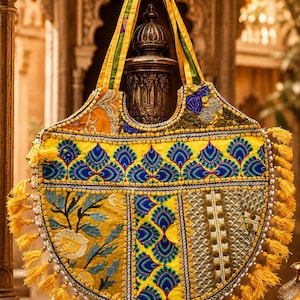 Handmade Jaipur Embroidered Boho Tote Bags – Indian Mirror Work Hobo Bag yellow bag 1 image