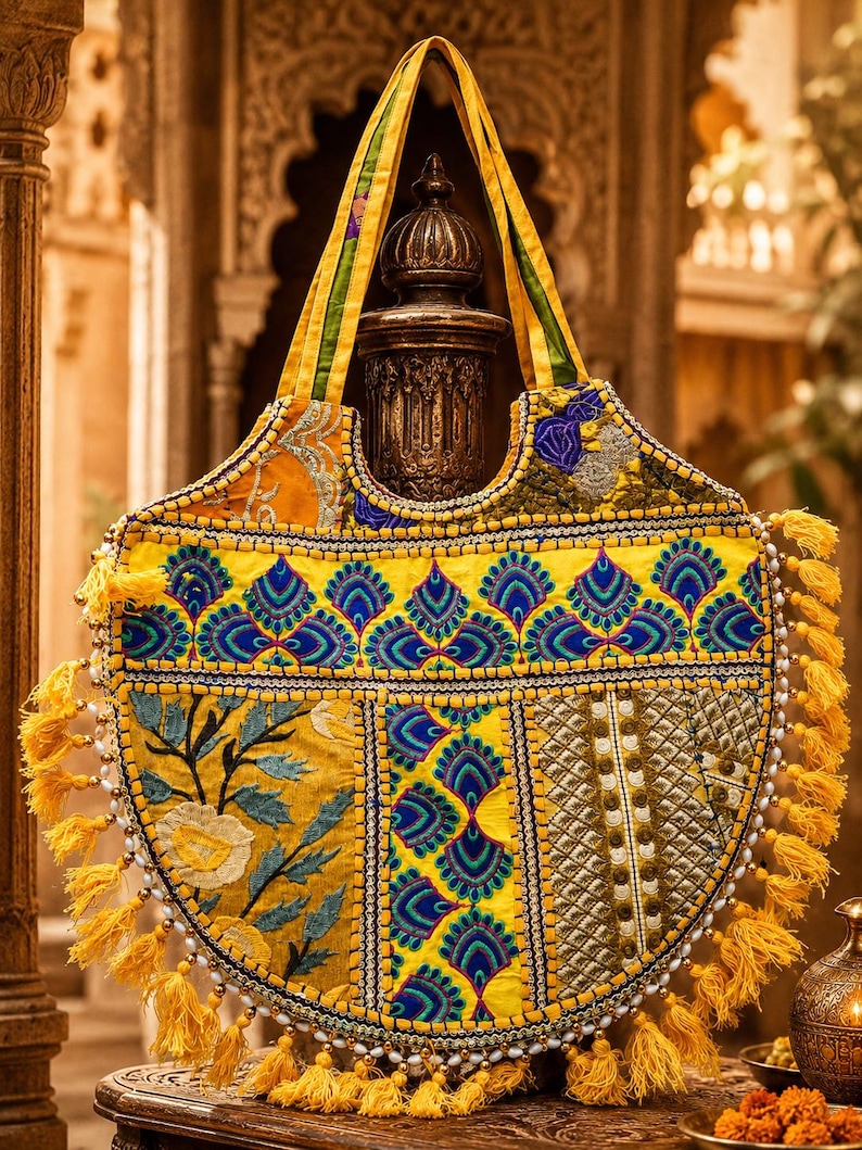 Handmade Jaipur Embroidered Boho Tote Bags – Indian Mirror Work Hobo Bag yellow bag 1 image