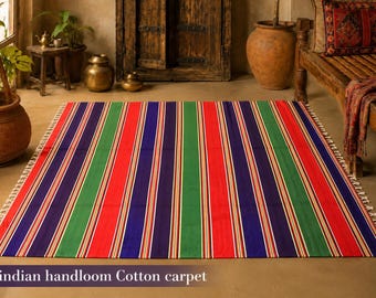Handloom Cotton Striped Rug, Boho Farmhouse Area Carpet, Artisan Woven Home Accent