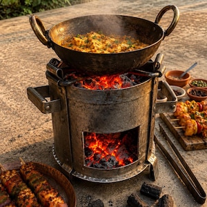 Puede incluir: Una olla redonda de metal oscuro con dos asas laterales se asienta sobre una estufa cilíndrica de carbón. La estufa tiene una abertura frontal que revela brasas rojas brillantes. Cerca hay pinzas de metal y brochetas de carne en un plato.