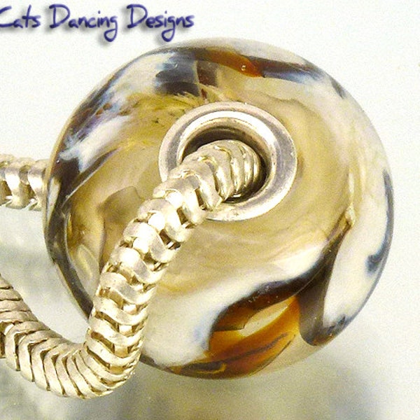 Amber Ivory Brown Artisan Handmade Glass European Charm Big Hole Bead with Sterling Silver Core - SRA Free Shipping